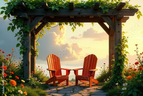 Obraz na płótnie Serene Sunset Vista Two Adirondack Chairs Under a Verdant Pergola in a Blossoming Garden w salonie