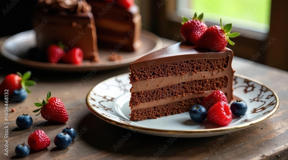 A decadent chocolate layer cake, adorned with fresh strawberries and blueberries, sits on an elegant plate, a delightful dessert for any occasion.