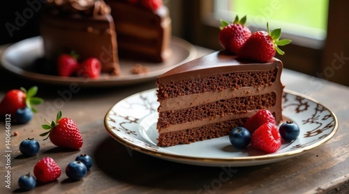 Obraz na płótnie A decadent chocolate layer cake, adorned with fresh strawberries and blueberries, sits on an elegant plate, a delightful dessert for any occasion. w salonie
