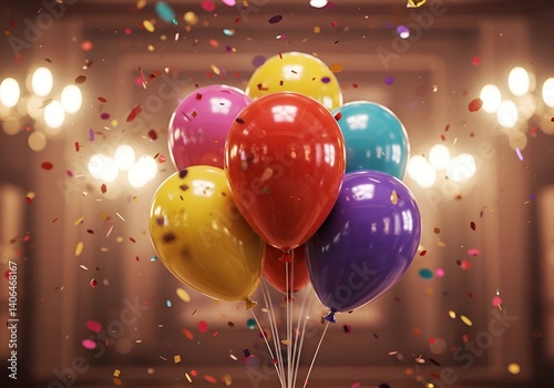 Glowing party balloons with falling confetti in dimly lit room – holiday celebration scene with soft reflections and depth of field