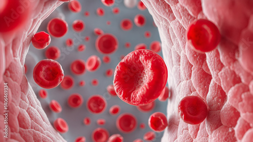 Macro illustration of red blood cells flow in artery. Medical background with vein, microscopic view of healthy blood circulation.  photo