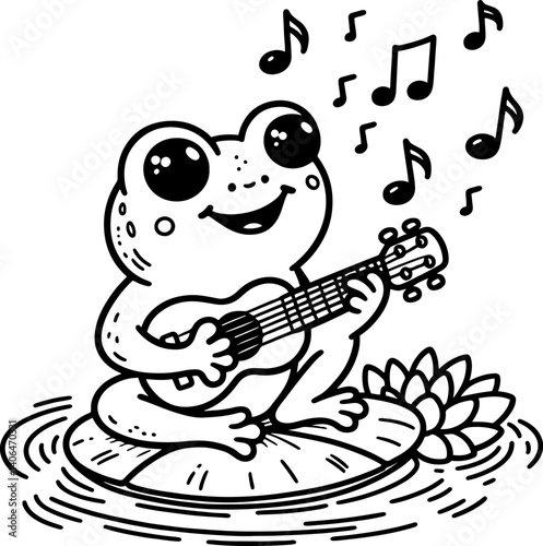 Frog Playing Ukulele. Coloring Book Page. Cartoon Illustration.