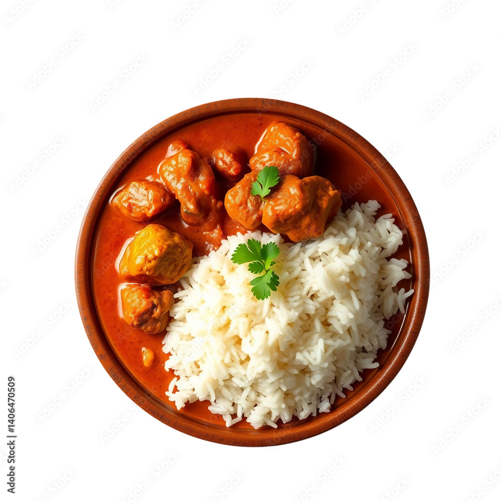 Chicken tikka masala spicy curry meat food with rice in a clay plate isolated on transparent background Chicken tikka masala spicy curry meat food with rice in a clay plate isolated on transparent background