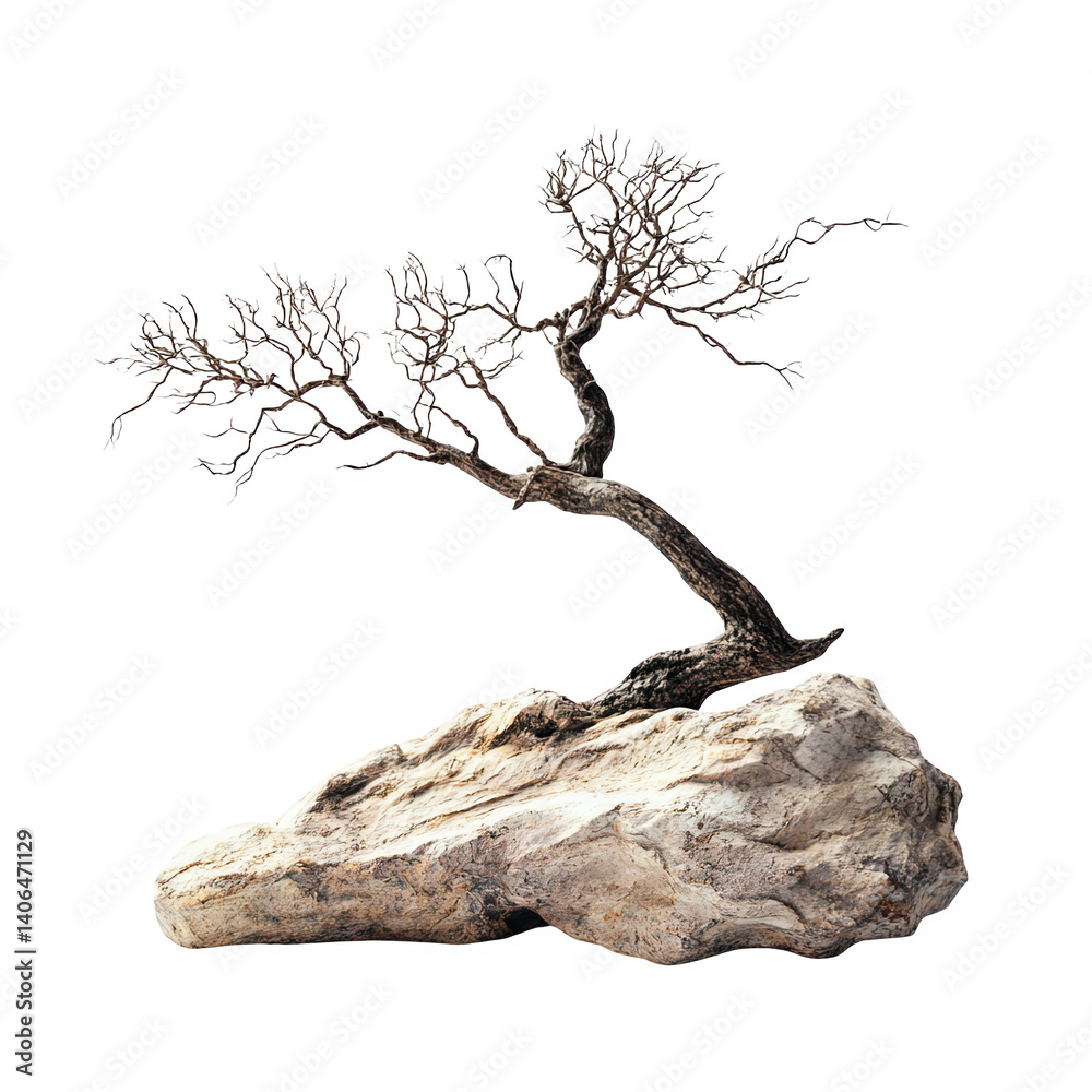 Fototapeta premium Miniature Bonsai Tree on Light Grey Rock, Isolated on Transparent Background