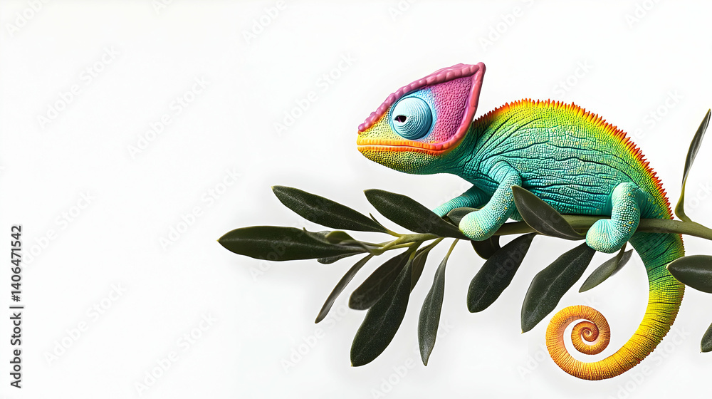 Fototapeta premium Pixelated Chameleon on Branch With White Background