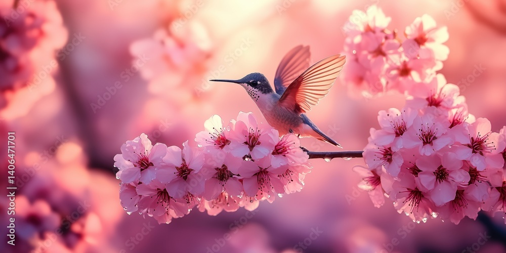 A serene morning wallpaper of blooming cherry blossoms, bathed in soft light. Dewdrops sparkle on the petals as birds and butterflies gracefully sip nectar, creating a peaceful, dreamy ambiance A serene morning wallpaper of blooming cherry blossoms, bathed in soft light. Dewdrops sparkle on the petals as birds and butterflies gracefully sip nectar, creating a peaceful, dreamy ambiance