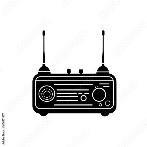 Monochrome icon of a vintage radio with dual antennas and front control panel for AM/FM signal reception