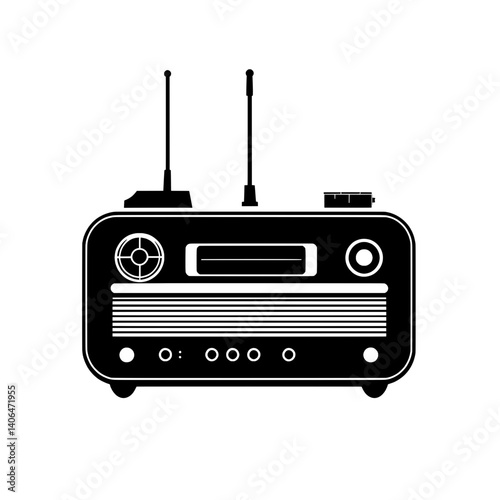 Icon of a tabletop radio receiver with dual antennas and control knobs for communication and broadcasting