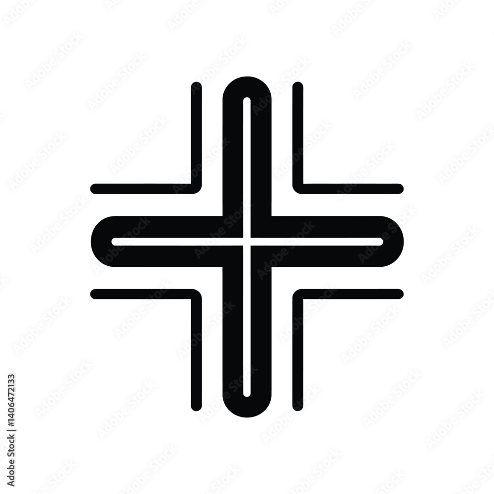 Fototapeta premium Geometric Cross Rounded Corners Minimalist Black Shape on Transparent Background