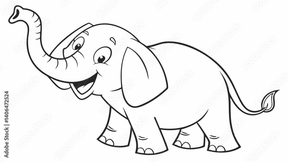 Fototapeta premium kids coloring page, a little elephant with its trunk raised, cartoonish, friendly, thick outlines