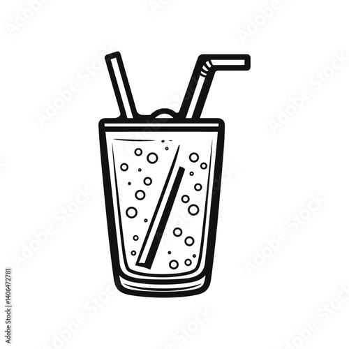 Glass of Water with Bubbles and Straws Outline in Black on White Background
