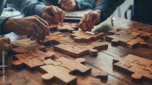A business team gathered around a meeting table, working together to assemble a wooden jigsaw puzzle, symbolizing unity and cooperation.


