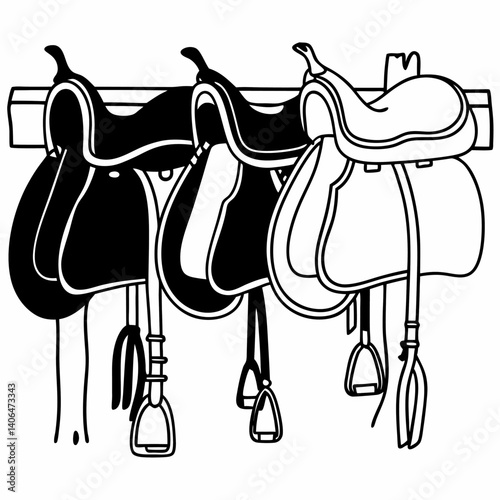 Three saddles are hanging on a wooden rack, showcasing equestrian equipment and tack, perfect for horse riding enthusiasts and western themed designs, isolated on white background