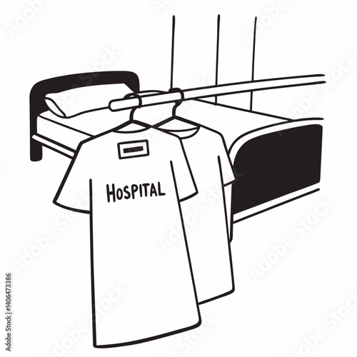 Hospital gown hanging in a patient room isolated on white background, featuring a bed, towel rack, and simple decor, creating a clean and clinical environment for medical care and recovery