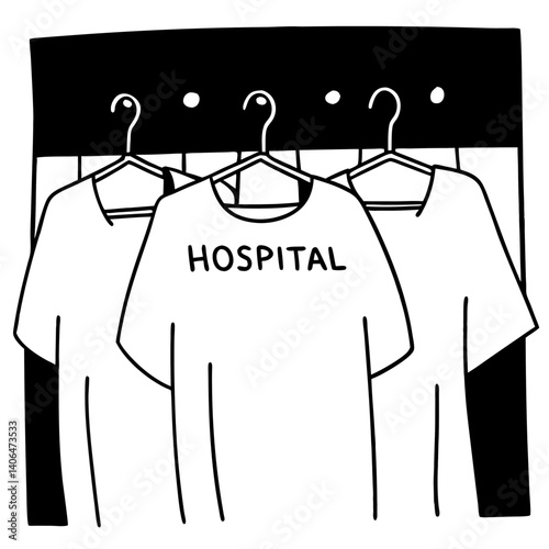 Three hospital gowns hang neatly on hangers in a simple black and white drawing, children's book coloring 