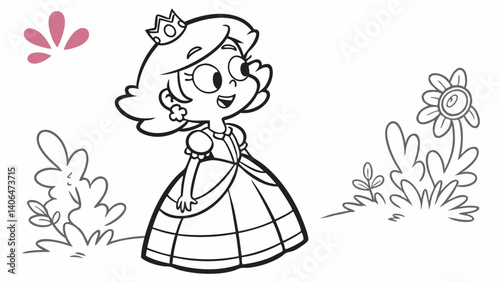 kids coloring page, a princess with a beautiful dress and a crown, cartoonish, friendly, thick outlines