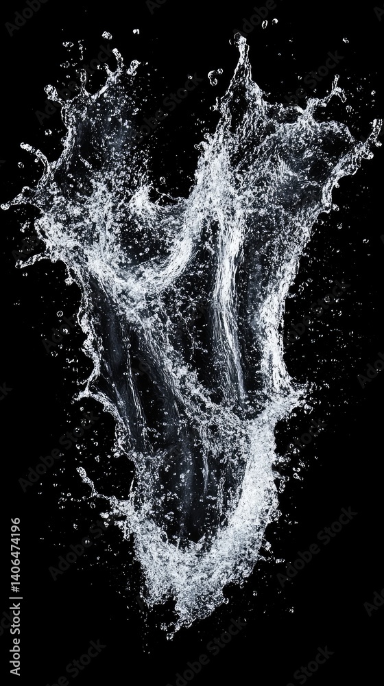 Obraz premium Water bursts upward in a dynamic splash, a brief dance against a stark black canvas