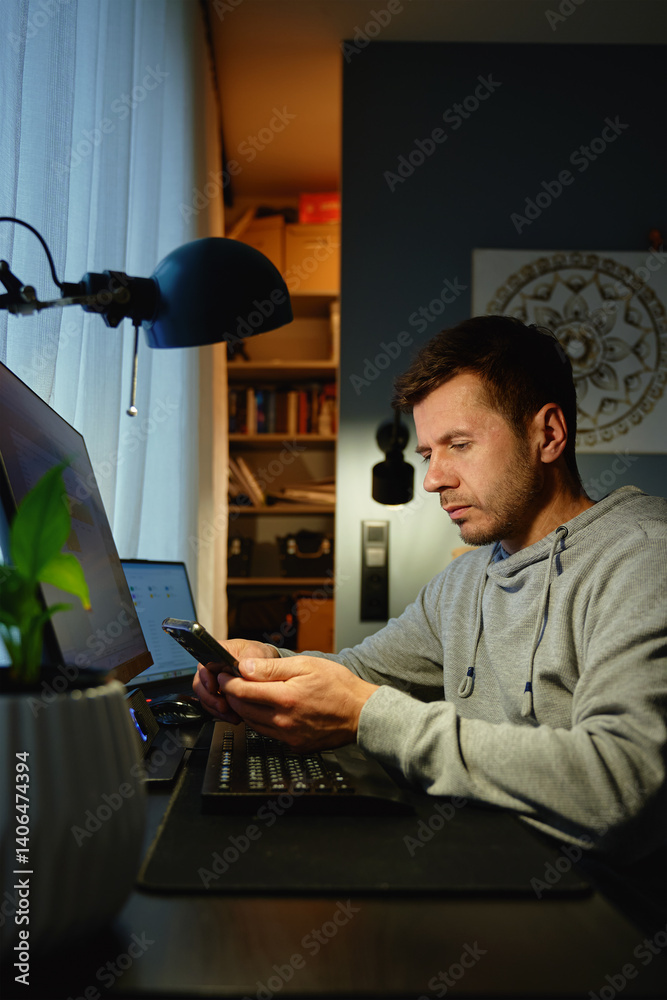 Tired freelancer procrastinating at home office, scrolling phone instead of working. Unproductive man using smartphone at home desk. Concept of procrastination and distraction in remote work