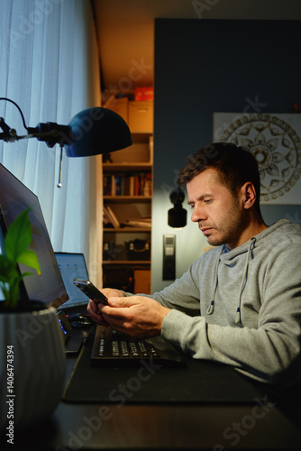 Obraz na płótnie Tired freelancer procrastinating at home office, scrolling phone instead of working. Unproductive man using smartphone at home desk. Concept of procrastination and distraction in remote work w salonie