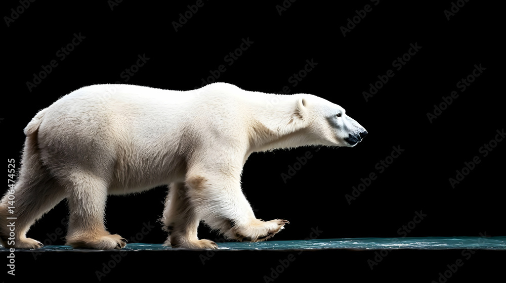 Fototapeta premium Majestic Polar Bear Walking Against A Black Background In A Studio Setting Showcasing Its Powerful Stride And White Fur