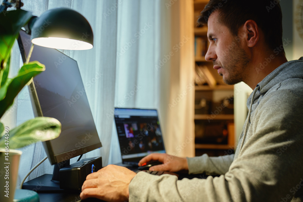 Focused man sitting by table and looking at computer monitor. Concentrated freelancer using desktop and laptop by window. Remote work from home office