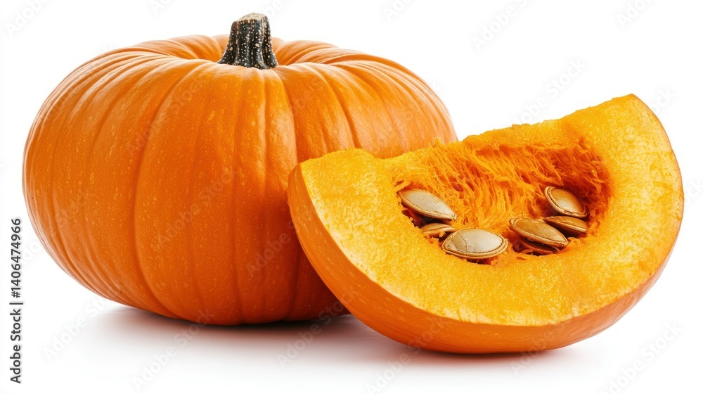 Obraz premium Fresh pumpkin, whole and sliced, displaying seeds