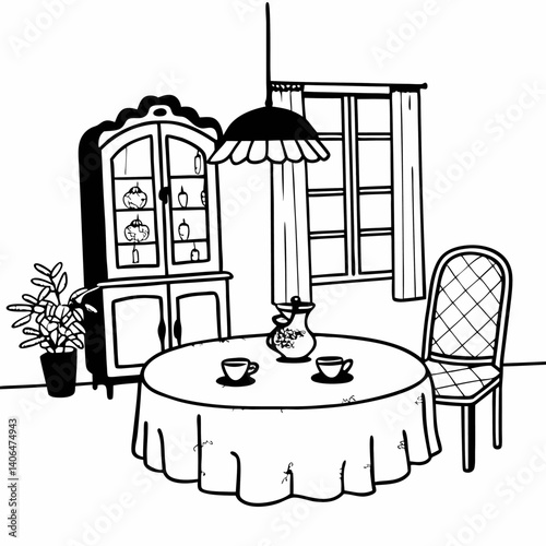 Cozy dining room interior isolated on white background a hand drawn of a dining area featuring a round table with a tablecloth, chairs, a china cabinet, and a window with curtains