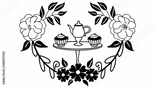 Elegant afternoon tea scene isolated on white background featuring a table set with a teapot, two cupcakes, and floral arrangements on either side, perfect for invitations or menus