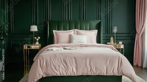 Elegant, plush pink bedding in a sophisticated, dark green bedroom. photo