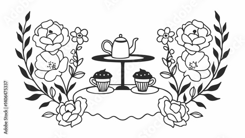 Elegant afternoon tea scene isolated on white background featuring a table set with a teapot, two cupcakes, and floral arrangements on either side, perfect for invitations or menus
