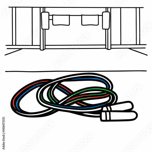 Jump Rope Illustration with Black and White Design, Geometric Shapes, Blue and Red Stripes, Fitness Equipment Concept in Vector Style with Clean Background and Simple Lines