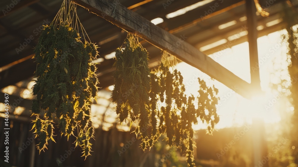Fototapeta premium Cannabis Harvest Celebration with Sunlight and Hanging Plants