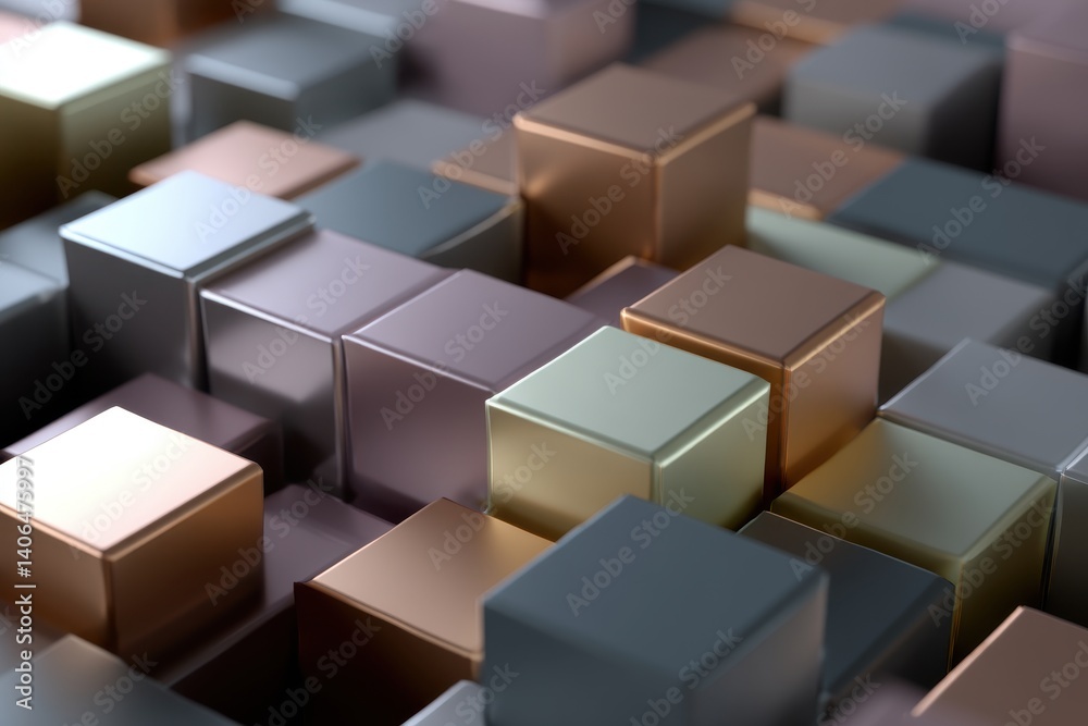 Fototapeta premium A focused view of metallic cubes with varying colors and heights creating a geometric pattern design