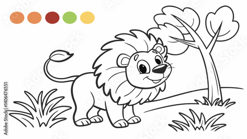 kids coloring page, a small lion with a funny mane, cartoonish, friendly, thick outlines