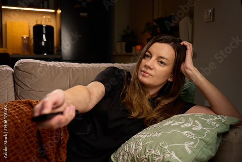 Obraz na płótnie Woman lying on sofa holding remote control in hand and watching TV. Concept of rest, laziness and casual lifestyle w salonie