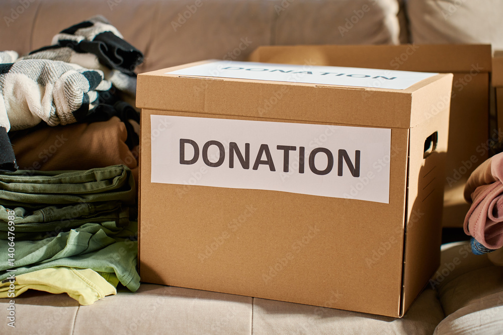 Donation boxes in living room. Packed cardboard boxes full of clothes and toys on couch. Concept of charity, social care and volunteering