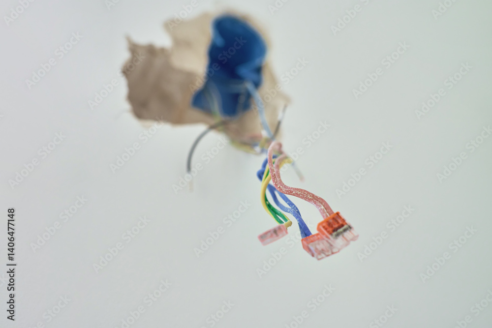 Colorful wires stick out of wall socket during renovation. Concept of electrical installation and construction