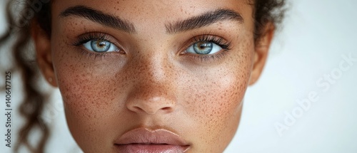 Close up portrait of a beautiful woman with freckles and striking light blue eyes. She gazes directly at the viewer