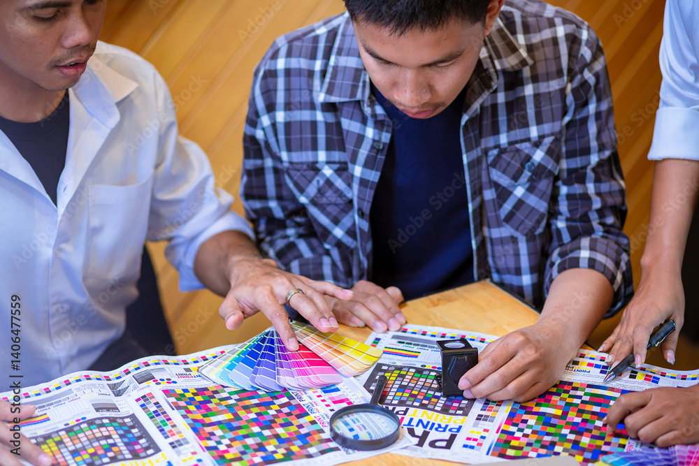 Team graphic designer checking print quality of media graphics proof print and color guides in printing industry. Selected focus Team graphic designer checking print quality of media graphics proof print and color guides in printing industry. Selected focus