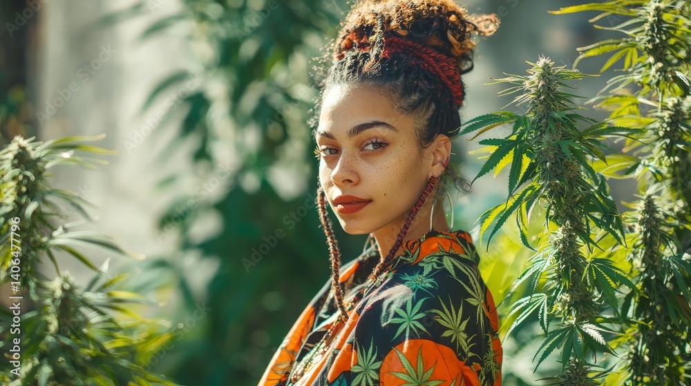 Woman Celebrating Cannabis Day Amidst Greenery and Sunshine