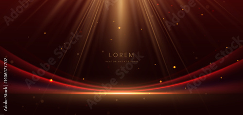 Abstract elegant red curved ray with gold lighting effect sparkle on dark red background.