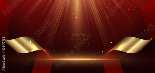 Abstract elegant red background with gold ribbon effect sparkle. Template premium award design.