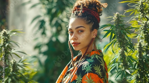 Obraz na płótnie Woman Celebrating Cannabis Day Amidst Greenery and Sunshine w salonie
