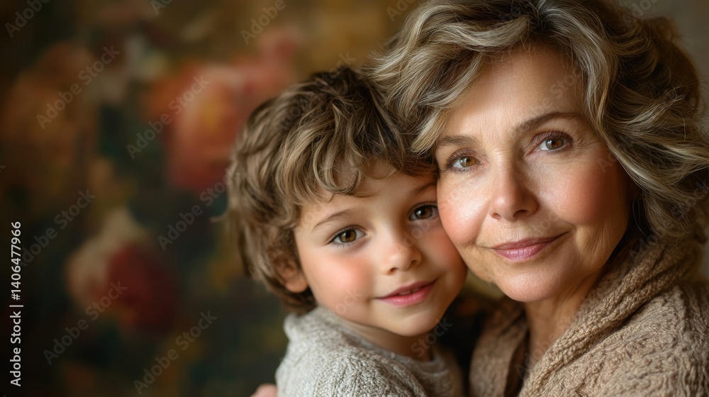 A heartwarming portrait of a grandmother and her grandchild, showcasing love and connection against a soft, floral backdrop.
