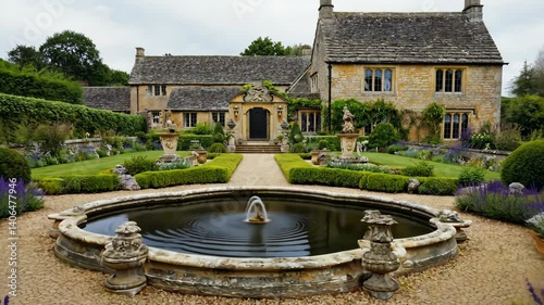 Formal garden and country house with central water fountain and neatly trimmed boxwood hedges in English style stone architecture