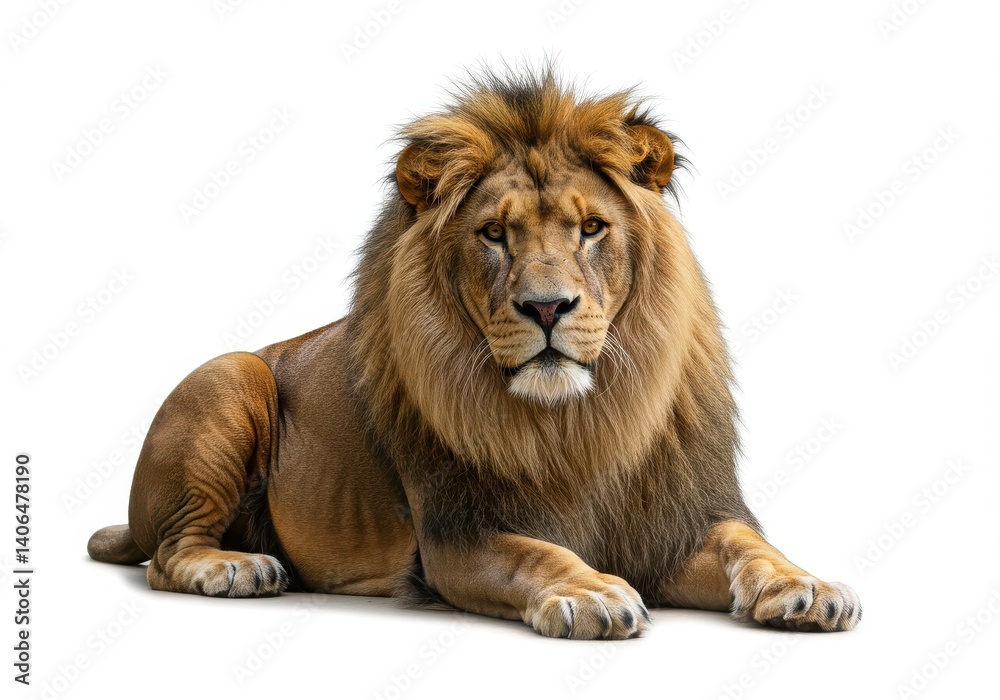 Lion resting majestically with a full mane against a stark white studio background looking forward Lion resting majestically with a full mane against a stark white studio background looking forward