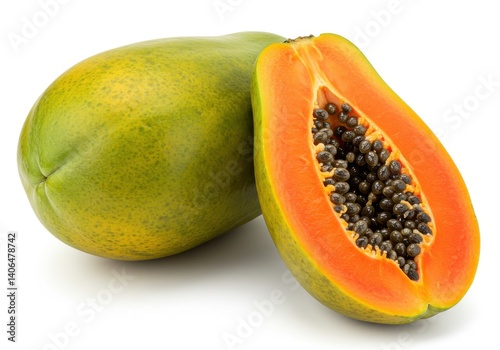 Close up of a whole papaya and a halved papaya with black seeds on a plain white background surface