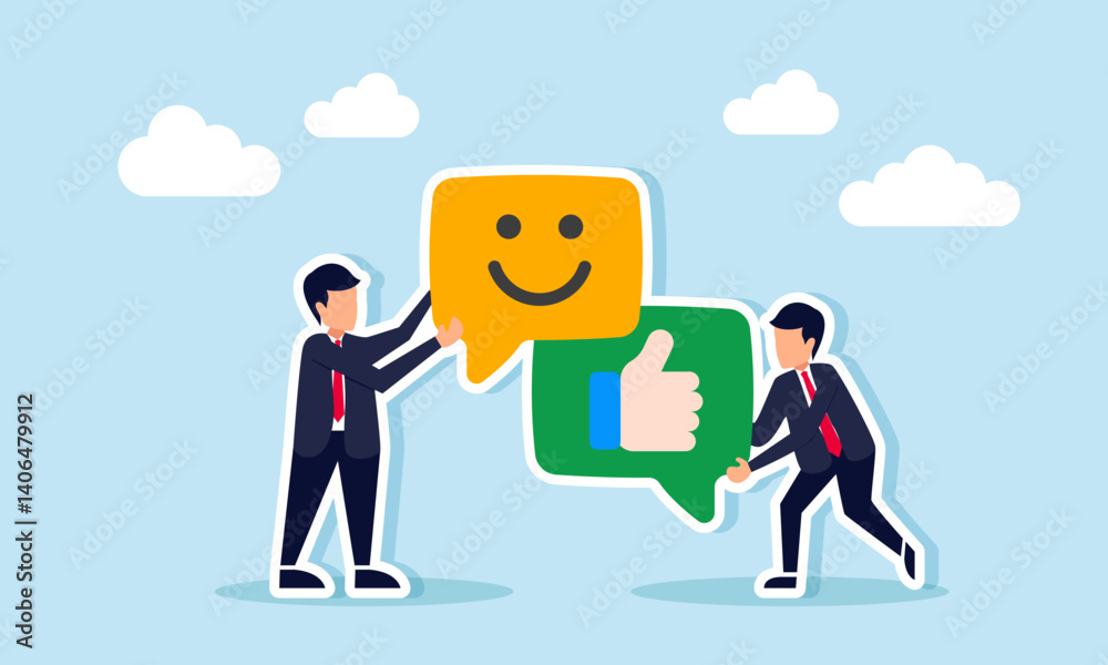 Obraz premium Businessman holding a chat dialog with a thumbs up, while another holds a chat dialog with a smile, illustration of positive response to business performance
