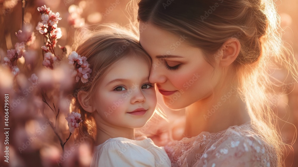 A tender moment between a mother and her daughter, surrounded by blooming flowers, capturing love and connection in a serene setting. A tender moment between a mother and her daughter, surrounded by blooming flowers, capturing love and connection in a serene setting.