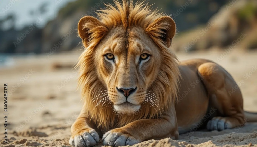 Obraz premium Majestic Lion Reclining on Sandy Beach, Intense Gaze